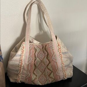 New America & Beyond ROSE GOLD TOTE-HAND BEADED METALLIC TOTE FOR WOMEN